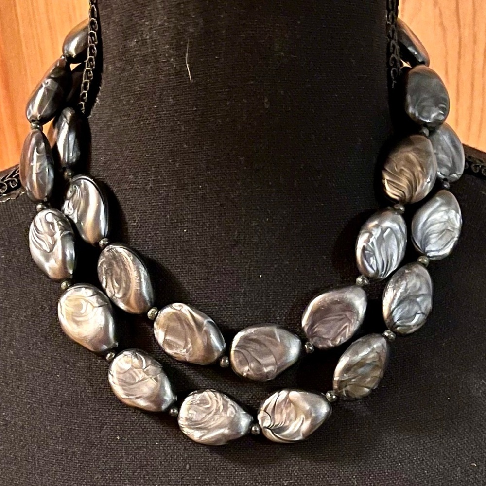 Vintage Chunky Gunmetal Gray Iridescent Double Strand Statement Necklace 18"